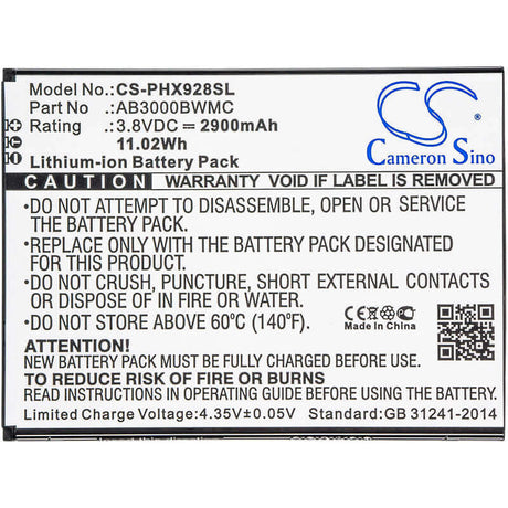 3.8V, Li-ion, 2900mAh, SmartPhone battery fits Philips, Ab3000bwmc, Xenium I928, 11.02Wh Mobile, SmartPhone Cameron Sino Technology Limited (Smartphone)