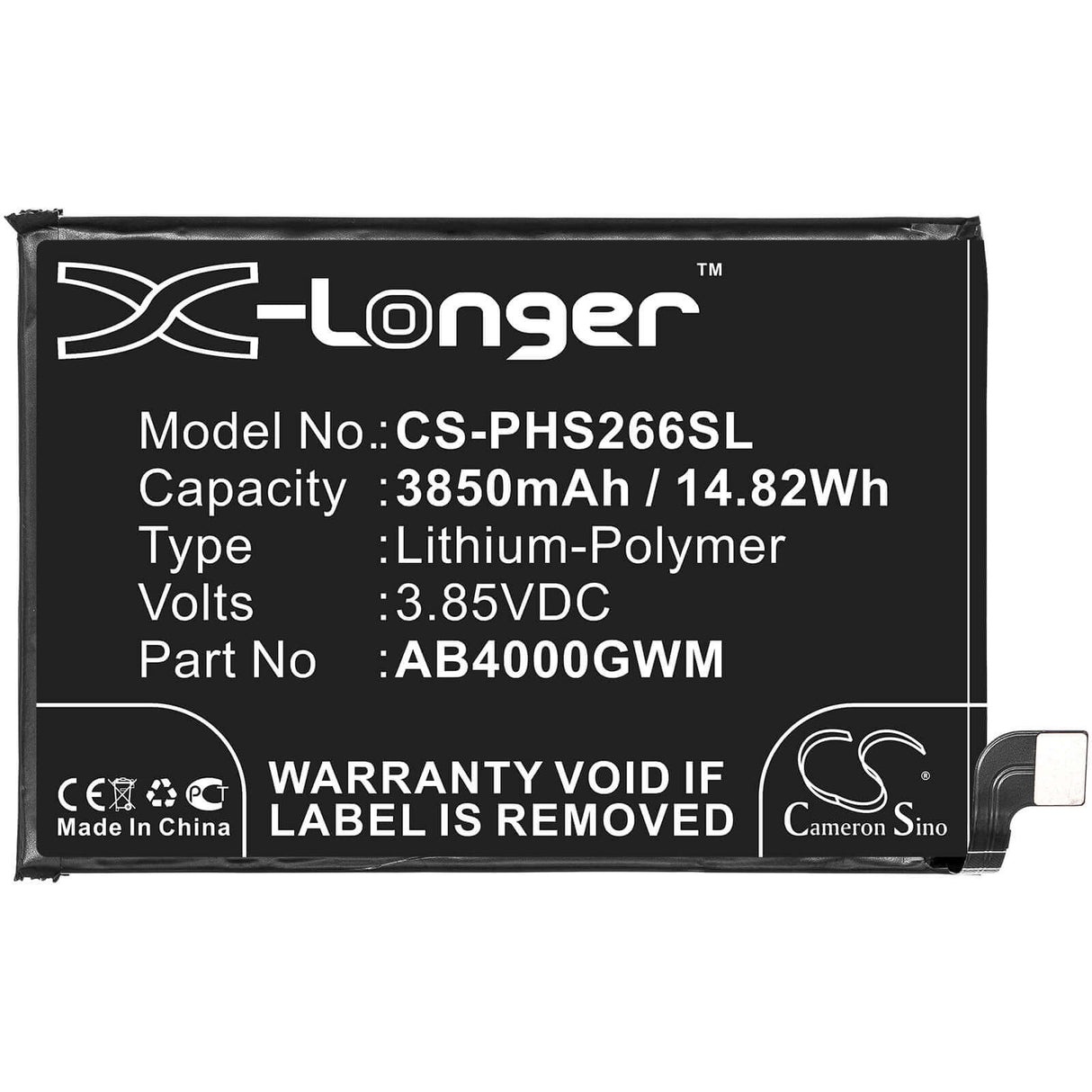 3.85V, Li-Polymer, 3850mAh, SmartPhone battery fits Philips, Ab4000gwm, Xenium S266, 14.82Wh Mobile, SmartPhone Cameron Sino Technology Limited (Smartphone)