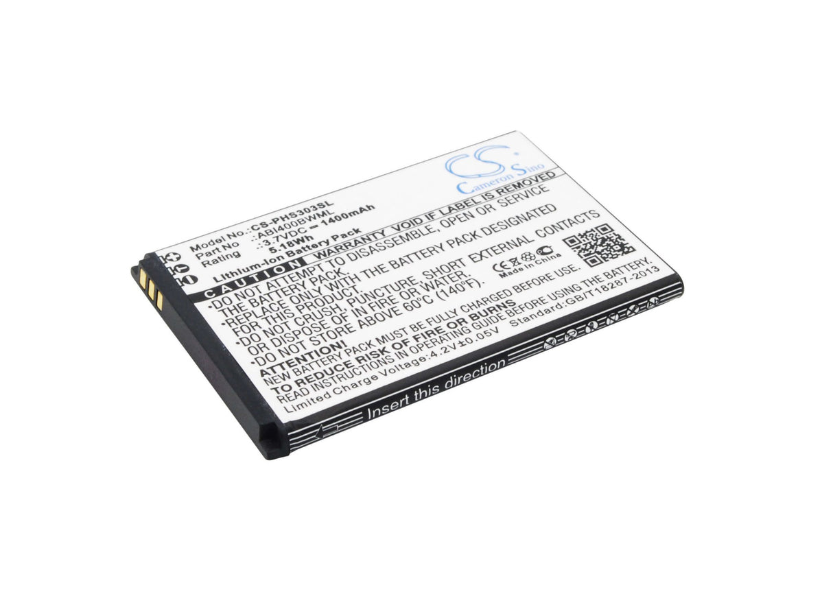 3.7V, Li-ion, 1400mAh, SmartPhone battery fits Philips, Abi400bwml, Xenium S301, Xenium S308, 5.18Wh Mobile, SmartPhone Cameron Sino Technology Limited (Suspended)