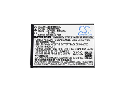 3.7V, Li-ion, 1400mAh, SmartPhone battery fits Philips, Abi400bwml, Xenium S301, Xenium S308, 5.18Wh Mobile, SmartPhone Cameron Sino Technology Limited (Suspended)