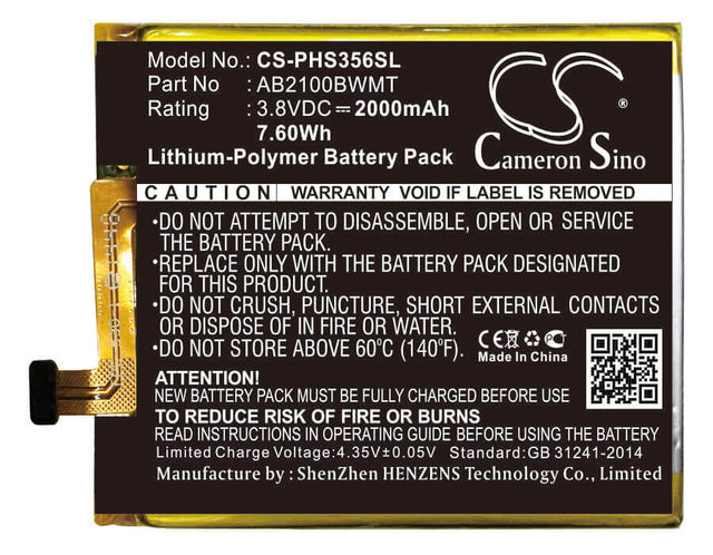 3.8V, Li-Polymer, 2000mAh, SmartPhone battery fits Philips, Ab2100bwmt, Xenium S356t, 7.6Wh Mobile, SmartPhone Cameron Sino Technology Limited (Smartphone)