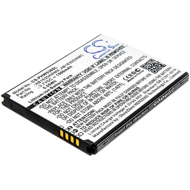 3.7V, Li-ion, 1500mAh, SmartPhone battery fits Philips, Ab1630awmx, Ctw536, D633, 5.55Wh Mobile, SmartPhone Cameron Sino Technology Limited (Suspended)