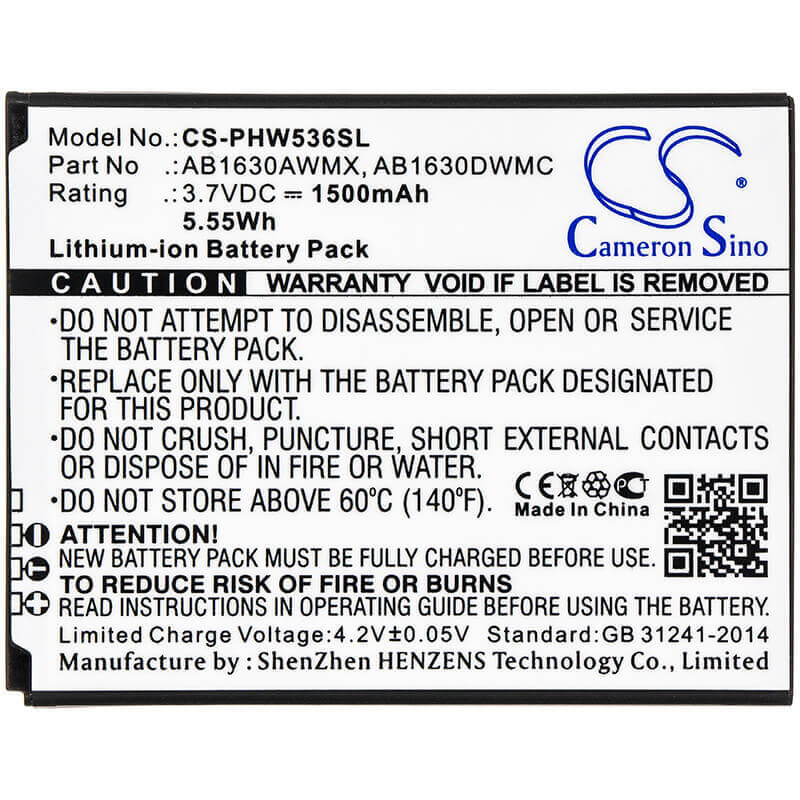 3.7V, Li-ion, 1500mAh, SmartPhone battery fits Philips, Ab1630awmx, Ctw536, D633, 5.55Wh Mobile, SmartPhone Cameron Sino Technology Limited (Suspended)