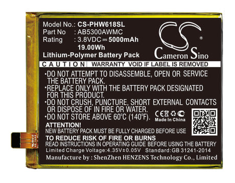 3.8V, Li-Polymer, 5000mAh, SmartPhone battery fits Philips, Ab5300awmc, Xenium W6618, 19Wh Mobile, SmartPhone Cameron Sino Technology Limited (Smartphone)