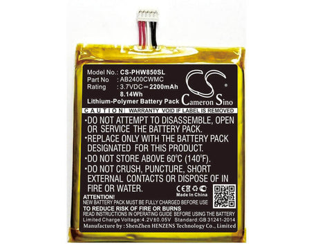 3.7V, Li-Polymer, 2200mAh, SmartPhone battery fits Philips, Ab2400cwmc, W8500, Xenium W8500, 8.14Wh Mobile, SmartPhone Cameron Sino Technology Limited (Smartphone)