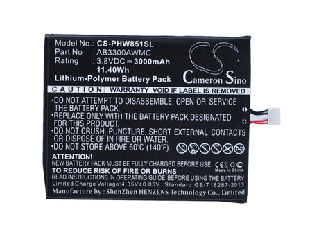 3.8V, Li-Polymer, 3000mAh, SmartPhone battery fits Philips, Ab3300awmc, W8510, Xenium W8510, 11.4Wh Mobile, SmartPhone Cameron Sino Technology Limited (Smartphone)