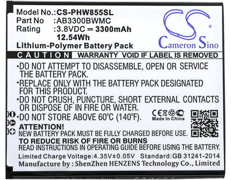 3.8V, Li-Polymer, 3300mAh, SmartPhone battery fits Philips, Ab3300bwmc, W8555, W8560, 12.54Wh Mobile, SmartPhone Cameron Sino Technology Limited (Smartphone)