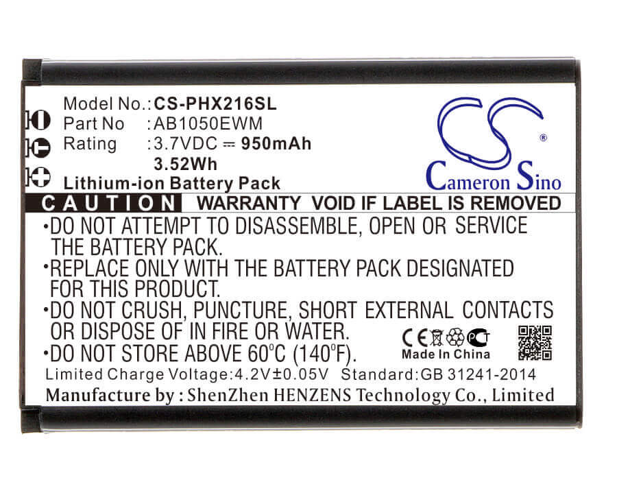 3.7V, Li-ion, 950mAh, SmartPhone battery fits Philips, Ab1050ewm, Xenium X216, 3.52Wh Mobile, SmartPhone Cameron Sino Technology Limited (Smartphone)
