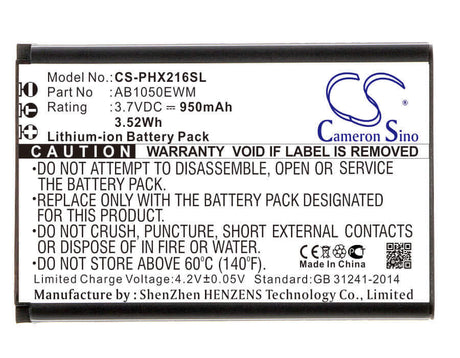 3.7V, Li-ion, 950mAh, SmartPhone battery fits Philips, Ab1050ewm, Xenium X216, 3.52Wh Mobile, SmartPhone Cameron Sino Technology Limited (Smartphone)