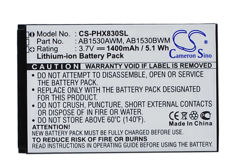3.7V, Li-ion, 1400mAh, SmartPhone battery fits Philips, Ab1530awm, Xenium T910, Xenium X603, 5.18Wh Mobile, SmartPhone Cameron Sino Technology Limited (Suspended)