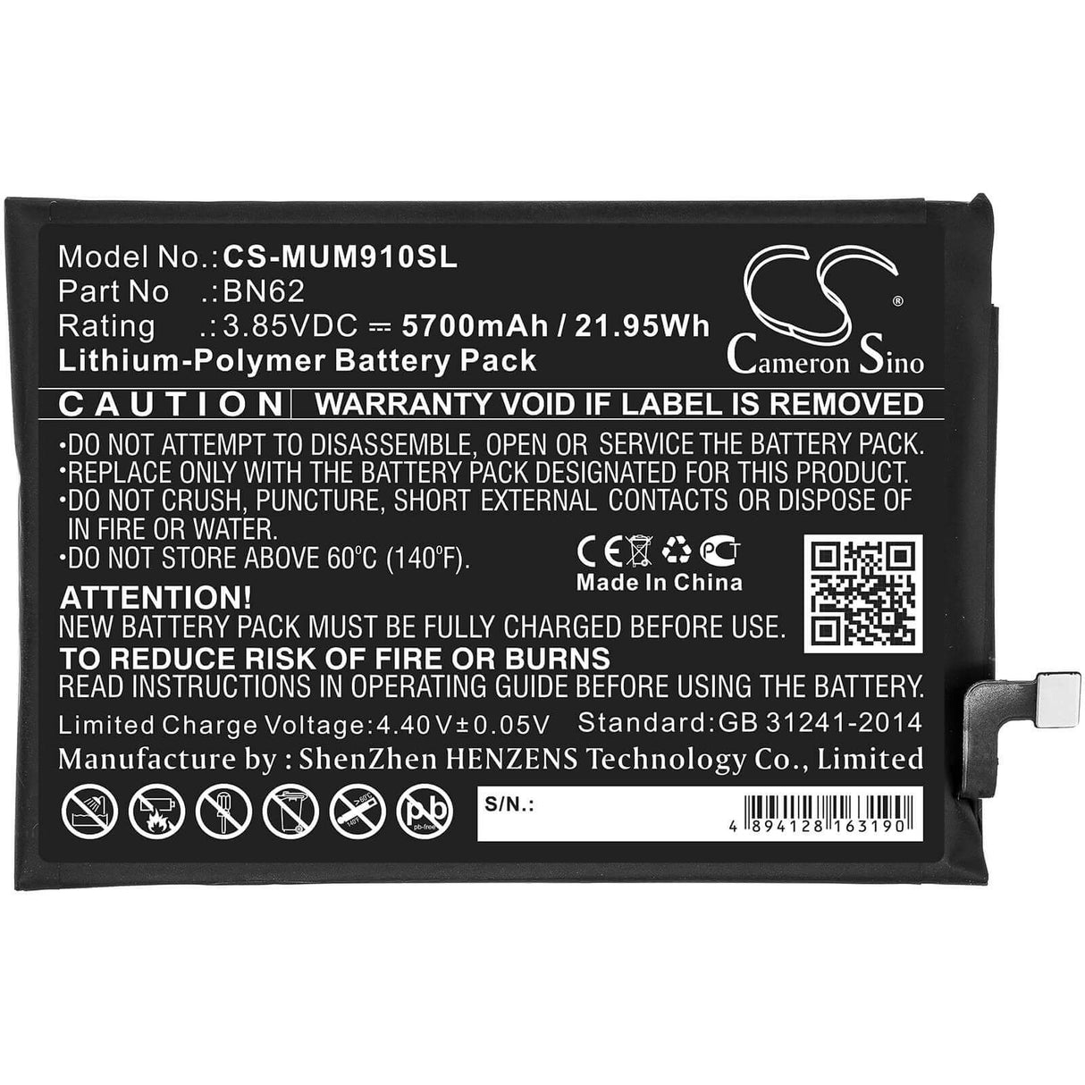 3.85V, Li-Polymer, 5700mAh, SmartPhone battery fits Poco, Redmi, Bn62, M2010j19ci, M3, 21.95Wh Mobile, SmartPhone Cameron Sino Technology Limited (Smartphone)