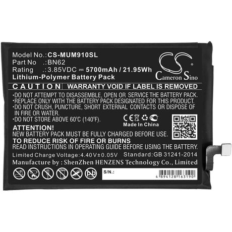 3.85V, Li-Polymer, 5700mAh, SmartPhone battery fits Poco, Redmi, Bn62, M2010j19ci, M3, 21.95Wh Mobile, SmartPhone Cameron Sino Technology Limited (Smartphone)