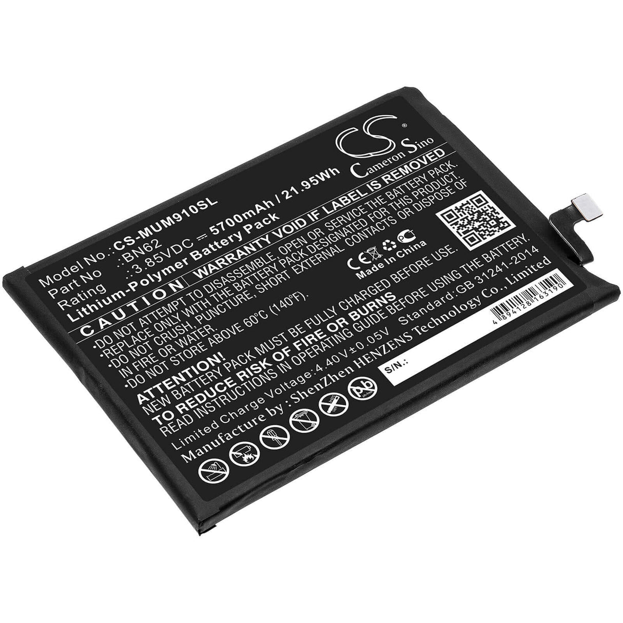 3.85V, Li-Polymer, 5700mAh, SmartPhone battery fits Poco, Redmi, Bn62, M2010j19ci, M3, 21.95Wh Mobile, SmartPhone Cameron Sino Technology Limited (Smartphone)