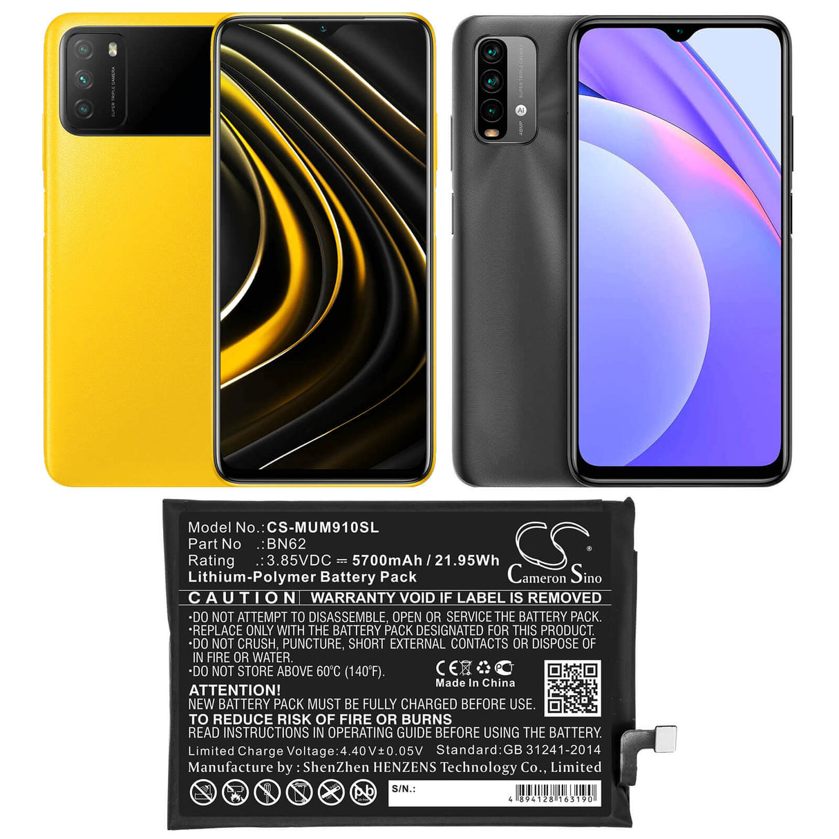 3.85V, Li-Polymer, 5700mAh, SmartPhone battery fits Poco, Redmi, Bn62, M2010j19ci, M3, 21.95Wh Mobile, SmartPhone Cameron Sino Technology Limited (Smartphone)