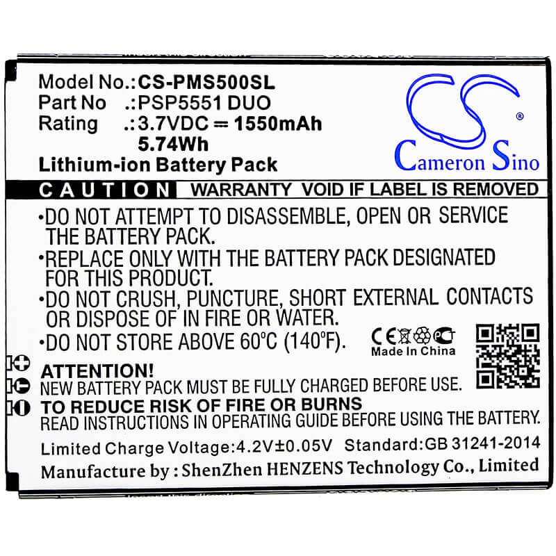 3.7V, Li-ion, 1550mAh, SmartPhone battery fits Prestigio, Psp5551 Duo, Grace S5, Psp5551 Duo, 5.74Wh Mobile, SmartPhone Cameron Sino Technology Limited (Smartphone)
