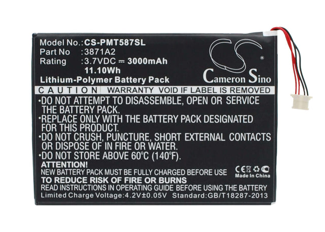 3.7V, Li-Polymer, 3000mAh, Tablet battery fits Prestigio, 3871a2, Multipad 7.0 Ultra Duo, Pmt5877c, 11.10Wh Tablet Cameron Sino Technology Limited