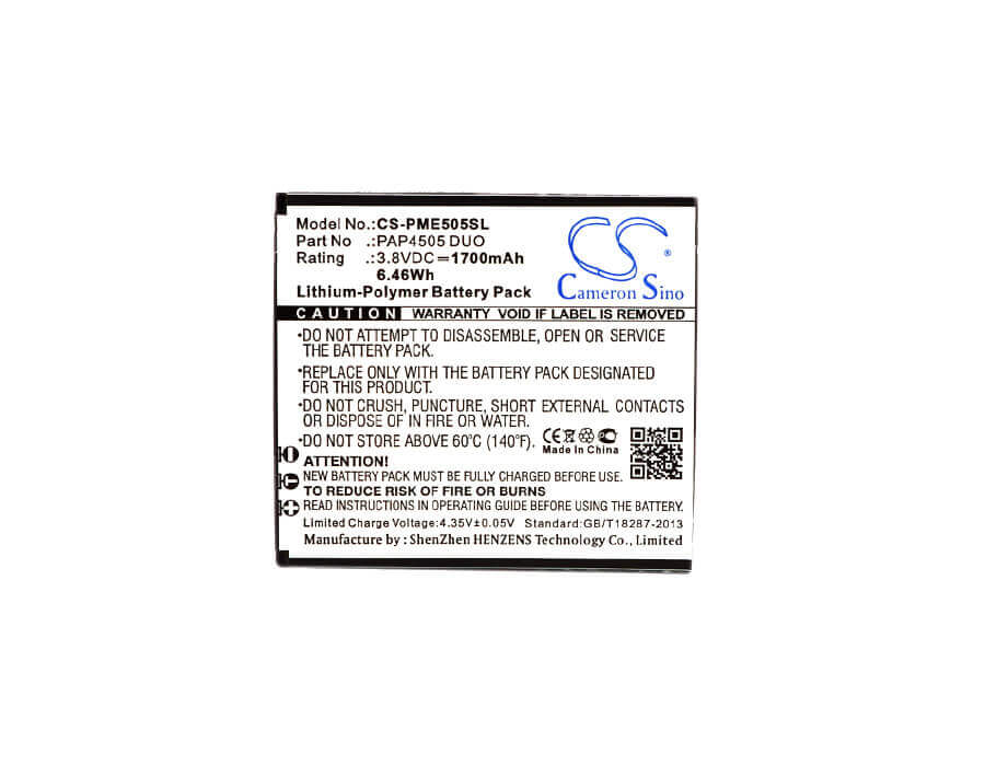 3.8V, Li-Polymer, 1700mAh, SmartPhone battery fits Prestigio, Pap4505 Duo, Multiphone 4505 Duo, 6.46Wh Mobile, SmartPhone Cameron Sino Technology Limited (Suspended)