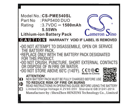 3.7V, Li-ion, 1500mAh, SmartPhone battery fits Prestigio, Pap5400 Duo, 5400 Duo, Multiphone 5400 Duo, 5.55Wh Mobile, SmartPhone Cameron Sino Technology Limited (Smartphone)