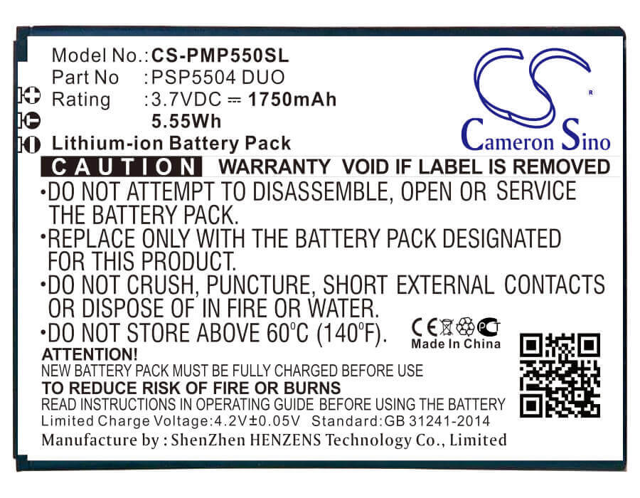 3.7V, Li-ion, 1750mAh, SmartPhone battery fits Prestigio, Psp5504 Duo, Multiphone 5504 Duo, 6.48Wh Mobile, SmartPhone Cameron Sino Technology Limited (Smartphone)
