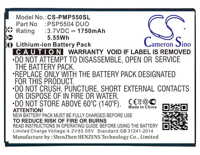 3.7V, Li-ion, 1750mAh, SmartPhone battery fits Prestigio, Psp5504 Duo, Multiphone 5504 Duo, 6.48Wh Mobile, SmartPhone Cameron Sino Technology Limited (Smartphone)