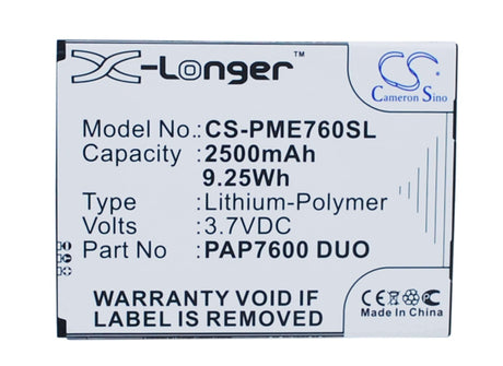 3.7V, Li-Polymer, 2500mAh, SmartPhone battery fits Prestigio, Pap7600 Duo, Multiphone 7600 Duo, 9.25Wh Mobile, SmartPhone Cameron Sino Technology Limited (Smartphone)