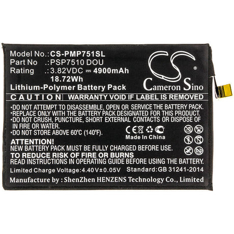 3.82V, Li-Polymer, 4900mAh, SmartPhone battery fits Prestigio, Psp7510 Dou, Muze C7 Duo, Psp7510 Dou, 18.72Wh Mobile, SmartPhone Cameron Sino Technology Limited (Smartphone)