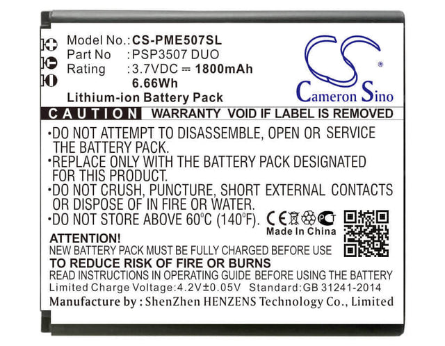 3.7V, Li-ion, 1800mAh, SmartPhone battery fits Prestigio, Psp3507 Duo, Multiphone Psp3507 Duo, Psp3507 Duo, 6.66Wh Mobile, SmartPhone Cameron Sino Technology Limited (Smartphone)