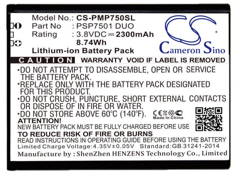 3.8V, Li-ion, 2300mAh, SmartPhone battery fits Prestigio, Psp7501 Duo, Psp7501 Duo, 8.74Wh Mobile, SmartPhone Cameron Sino Technology Limited (Smartphone)