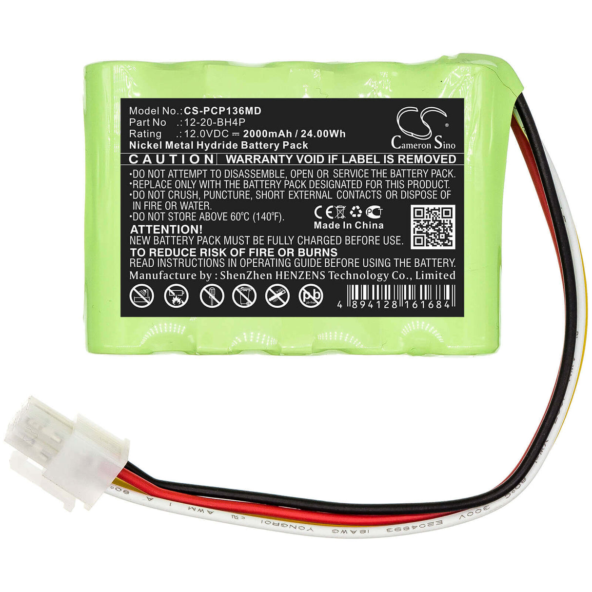 12.0V, Ni-MH, 2000mAh, Medical battery fits Prism, 12-20-bh4p, Cp-136, Cp136 Ceiling Hoist Motos, 24.00Wh Medical Cameron Sino Technology Limited (Medical)