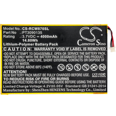 3.7V, Li-Polymer, 4000mAh, Tablet battery fits Rca, Pt3090135, Cambio, Galileo Pro, 14.80Wh Tablet Cameron Sino Technology Limited