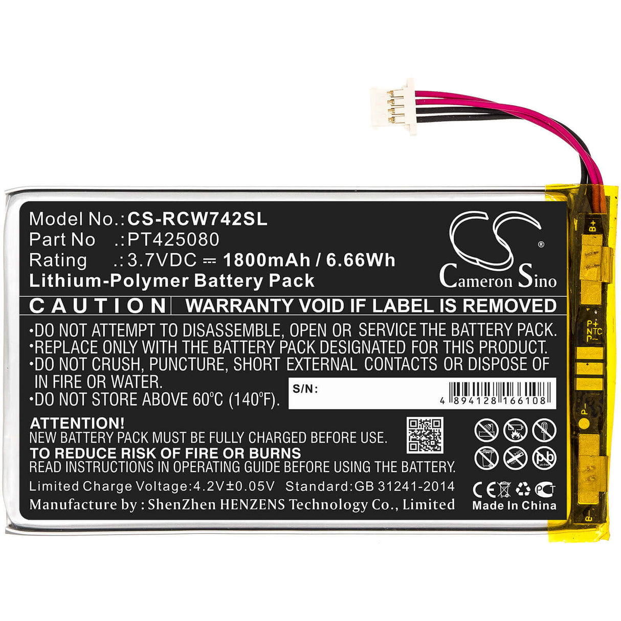 3.7V, Li-Polymer, 1500mAh, Tablet battery fits Rca, Pt425080, Rct6773w22, Rct6773w22b, 5.55Wh Tablet Cameron Sino Technology Limited