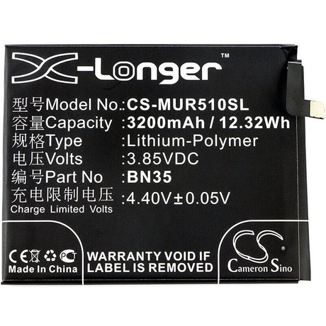 3.85V, Li-Polymer, 3200mAh, SmartPhone battery fits Xiaomi, Redmi, Bn35, 5, 12.32Wh Mobile, SmartPhone Cameron Sino Technology Limited (Smartphone)
