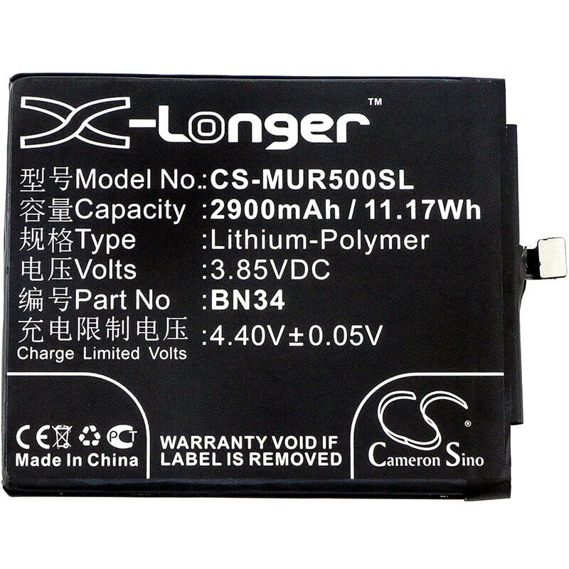 3.85V, Li-Polymer, 2900mAh, SmartPhone battery fits Xiaomi, Redmi, Bn34, 5a, M5a, 11.17Wh Mobile, SmartPhone Cameron Sino Technology Limited (Smartphone)