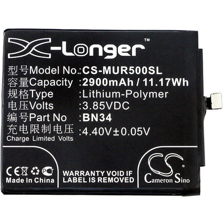 3.85V, Li-Polymer, 2900mAh, SmartPhone battery fits Xiaomi, Redmi, Bn34, 5a, M5a, 11.17Wh Mobile, SmartPhone Cameron Sino Technology Limited (Smartphone)