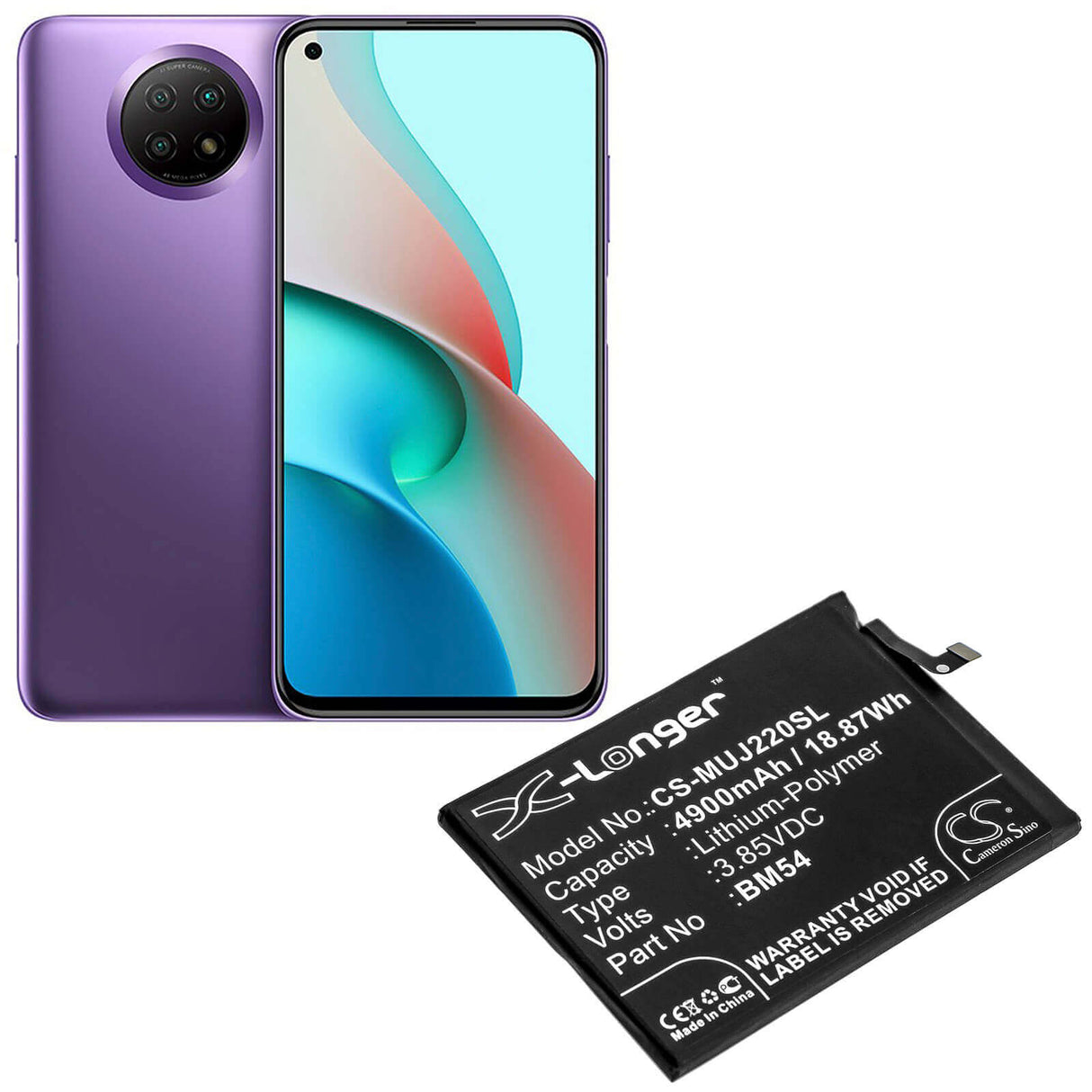 3.85V, Li-Polymer, 4900mAh, SmartPhone battery fits Redmi, Bm54, A001xm, M2007j22c, 18.87Wh Mobile, SmartPhone Cameron Sino Technology Limited (Smartphone)