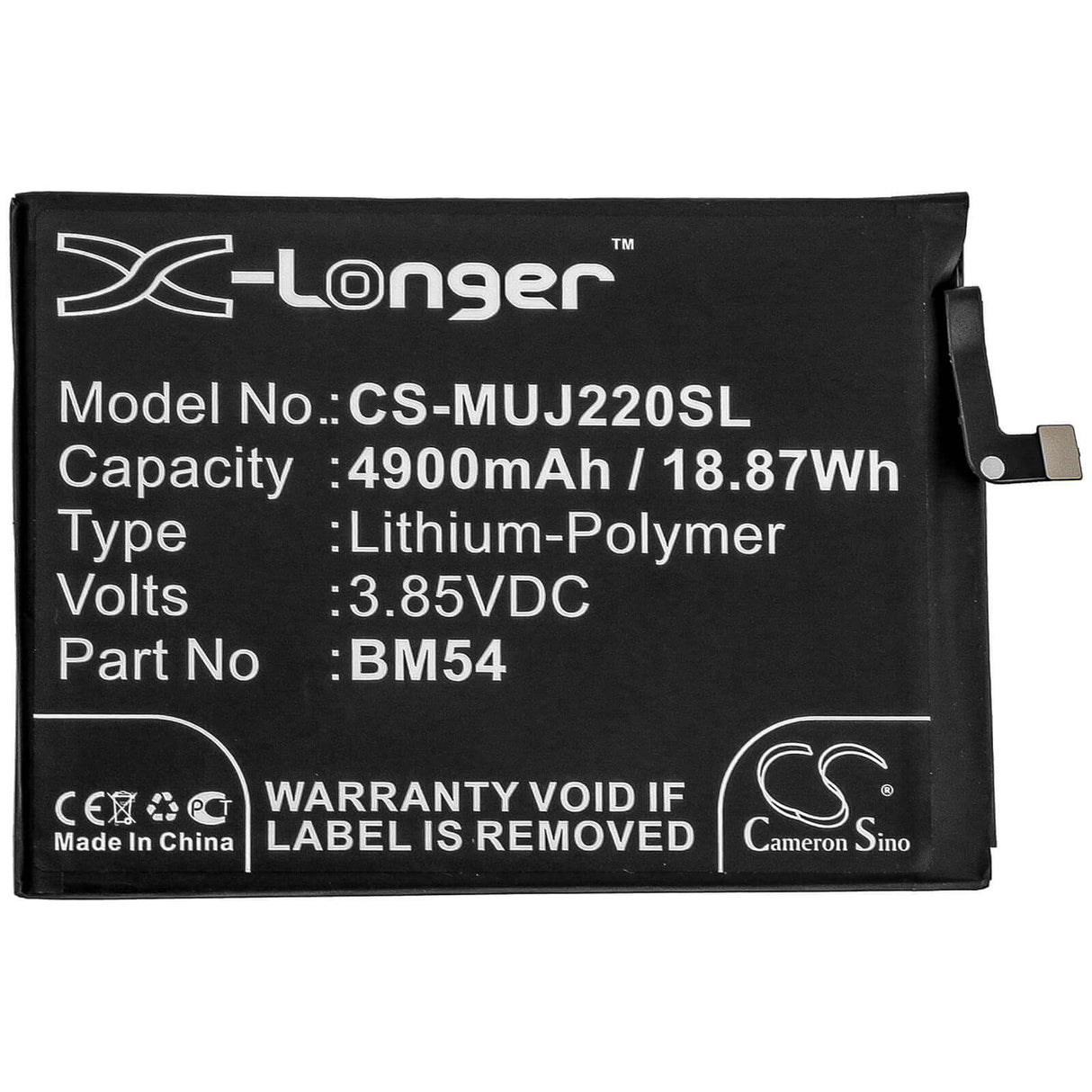 3.85V, Li-Polymer, 4900mAh, SmartPhone battery fits Redmi, Bm54, A001xm, M2007j22c, 18.87Wh Mobile, SmartPhone Cameron Sino Technology Limited (Smartphone)