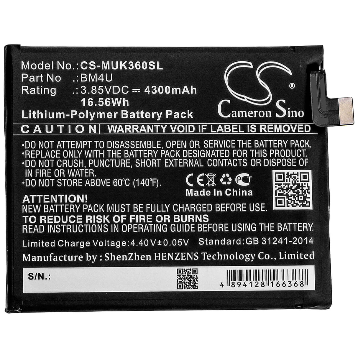 3.85V, Li-Polymer, 4300mAh, SmartPhone battery fits Redmi, Bm4u, K30 Ultra 5g, M2006j10c, 16.56Wh Mobile, SmartPhone Cameron Sino Technology Limited (Smartphone)