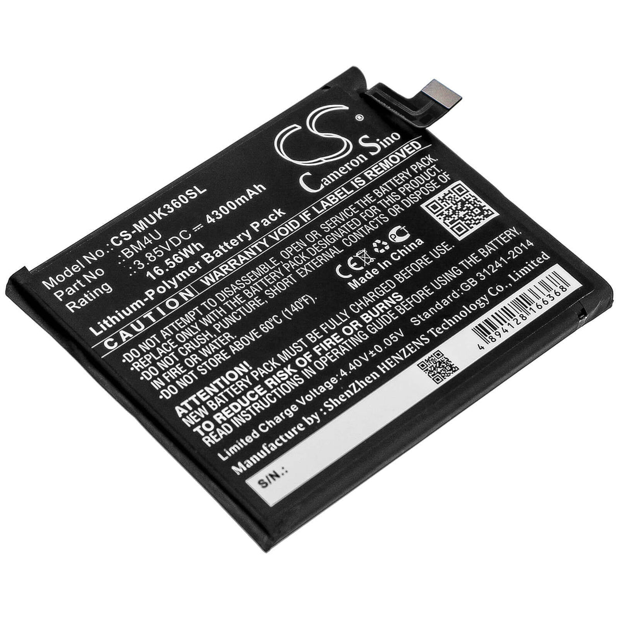 3.85V, Li-Polymer, 4300mAh, SmartPhone battery fits Redmi, Bm4u, K30 Ultra 5g, M2006j10c, 16.56Wh Mobile, SmartPhone Cameron Sino Technology Limited (Smartphone)