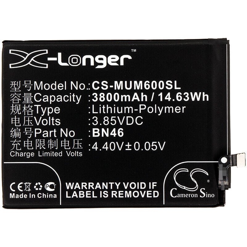 3.85V, Li-Polymer, 3800mAh, SmartPhone battery fits Redmi, Xiaomi, Bn46, Note 6, Note 8, 14.63Wh Mobile, SmartPhone Cameron Sino Technology Limited (Smartphone)