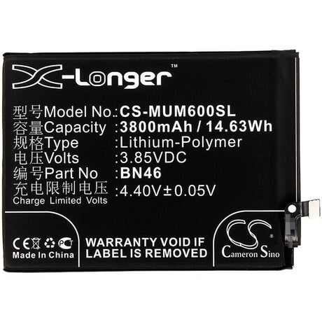 3.85V, Li-Polymer, 3800mAh, SmartPhone battery fits Redmi, Xiaomi, Bn46, Note 6, Note 8, 14.63Wh Mobile, SmartPhone Cameron Sino Technology Limited (Smartphone)