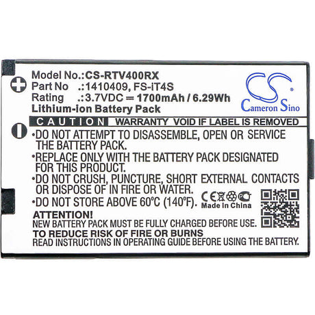 3.7V, Li-ion, 1700mAh, Remote Controller battery fits Reely, 1410409, Gt4 Evo, 6.29Wh Remote Controller Cameron Sino Technology Limited