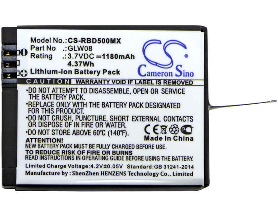 3.7V, Li-ion, 1180mAh, Camera battery fits Rollei, Glw08, Actioncam 500, Actioncam 500 Sunrise, 4.366Wh Camera Cameron Sino Technology Limited (Camera)