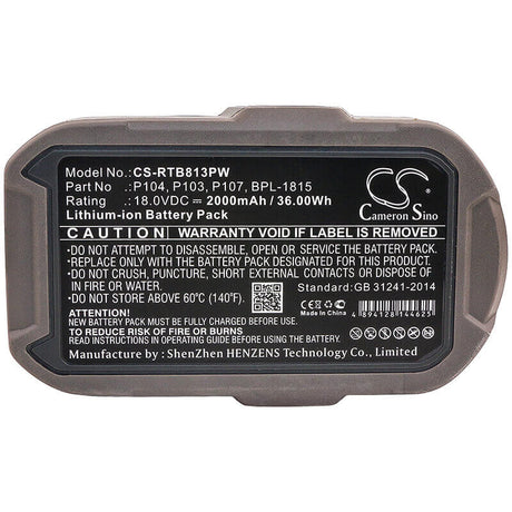 18.0V, Li-ion, 2000mAh, Power Tools battery fits Ryobi, Bpl-1815, Bid-1801m, Bid-180l, 36Wh Power Tools Cameron Sino Technology Limited (Power Tools)