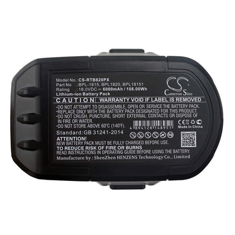 18.0V, Li-ion, 6000mAh, Power Tools battery fits Ryobi, Abp1801, Bid-1801m, Bid-180l, 108Wh Power Tools Cameron Sino Technology Limited (Dangerous Goods)