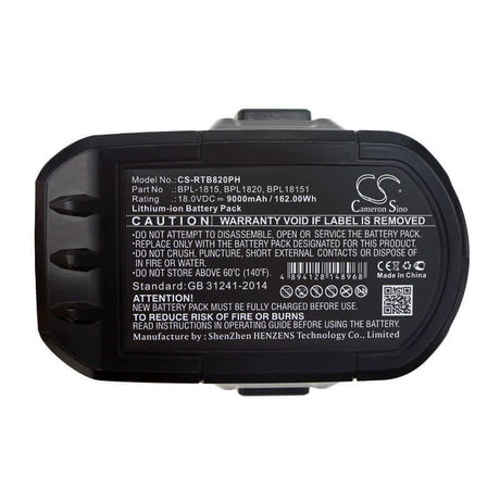 18.0V, Li-ion, 9000mAh, Power Tools battery fits Ryobi, Abp1801, Bid-1801m, Bid-180l, 162Wh Power Tools Cameron Sino Technology Limited (Dangerous Goods)