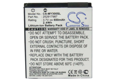 3.7V, Li-ion, 650mAh, SmartPhone battery fits Sagem, 252917987, My200, My-200, 2.41Wh Mobile, SmartPhone Cameron Sino Technology Limited (Smartphone)