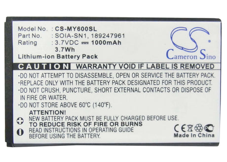 3.7V, Li-ion, 1000mAh, SmartPhone battery fits Sagem, 189247961, My600v, My-600v, 3.7Wh Mobile, SmartPhone Cameron Sino Technology Limited (Smartphone)