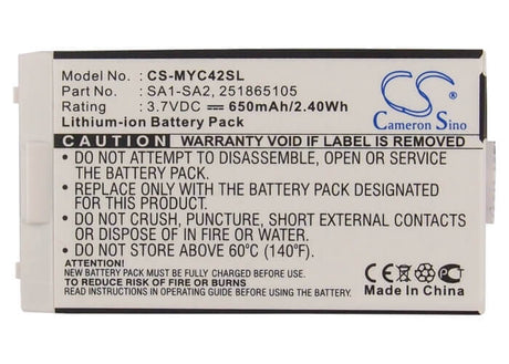 3.7V, Li-ion, 650mAh, SmartPhone battery fits Sagem, 251865105, My-200x, My-201x, 2.41Wh Mobile, SmartPhone Cameron Sino Technology Limited (Suspended)