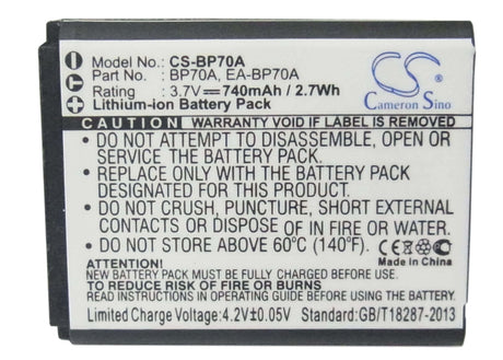 3.7V, Li-ion, 740mAh, Camera battery fits Samsung, Bp-70a, Aq100, Dv100, 2.738Wh Camera Cameron Sino Technology Limited (Camera)