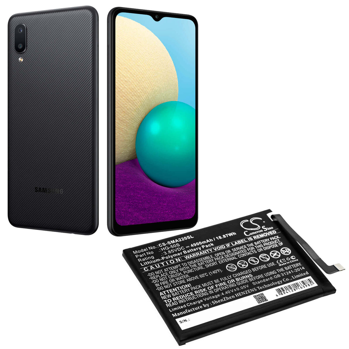 3.85V, Li-Polymer, 4900mAh, SmartPhone battery fits Samsung, Hq-50s, Galaxy A02, Galaxy A02 2021, 18.87Wh Mobile, SmartPhone Cameron Sino Technology Limited (Smartphone)